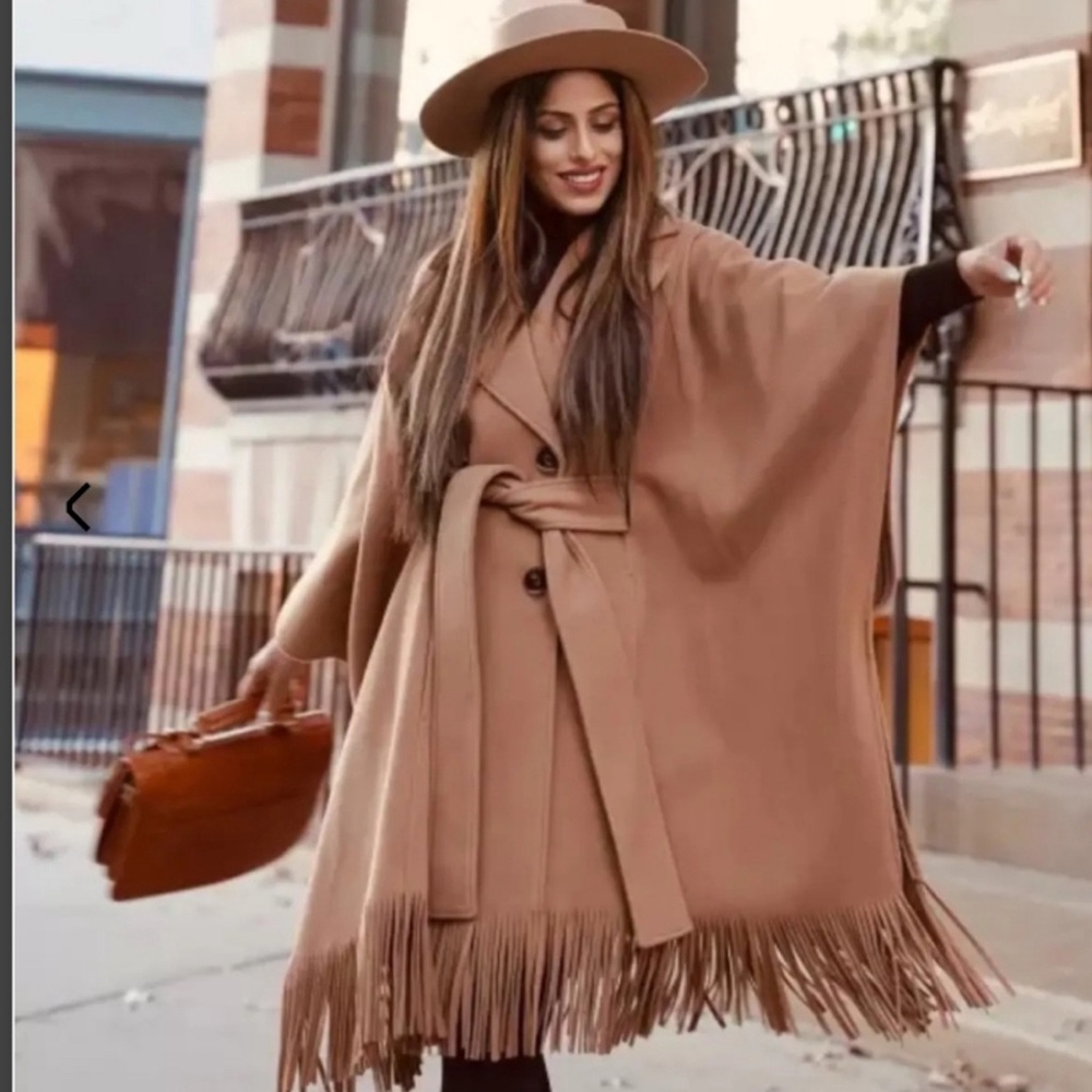 Express Tan Fringe Cape Coat